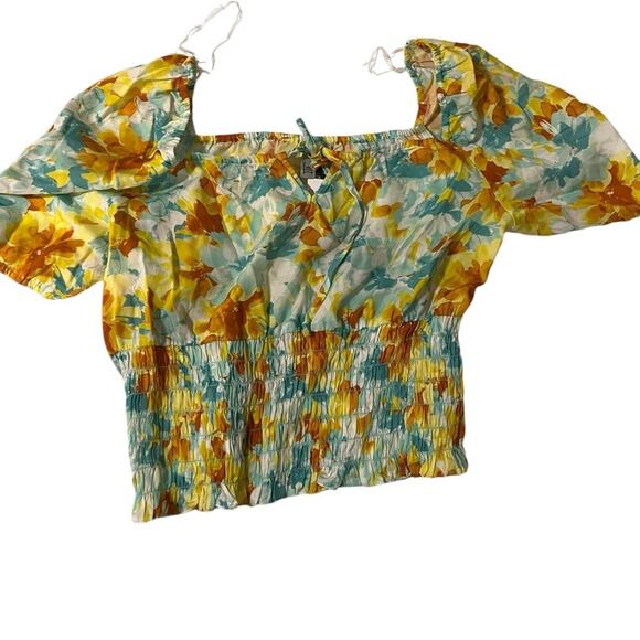 NWT KUT FROM THE KLOTH scoop neck cropped smocked top in green/orange/white - L - Picture 5 of 9